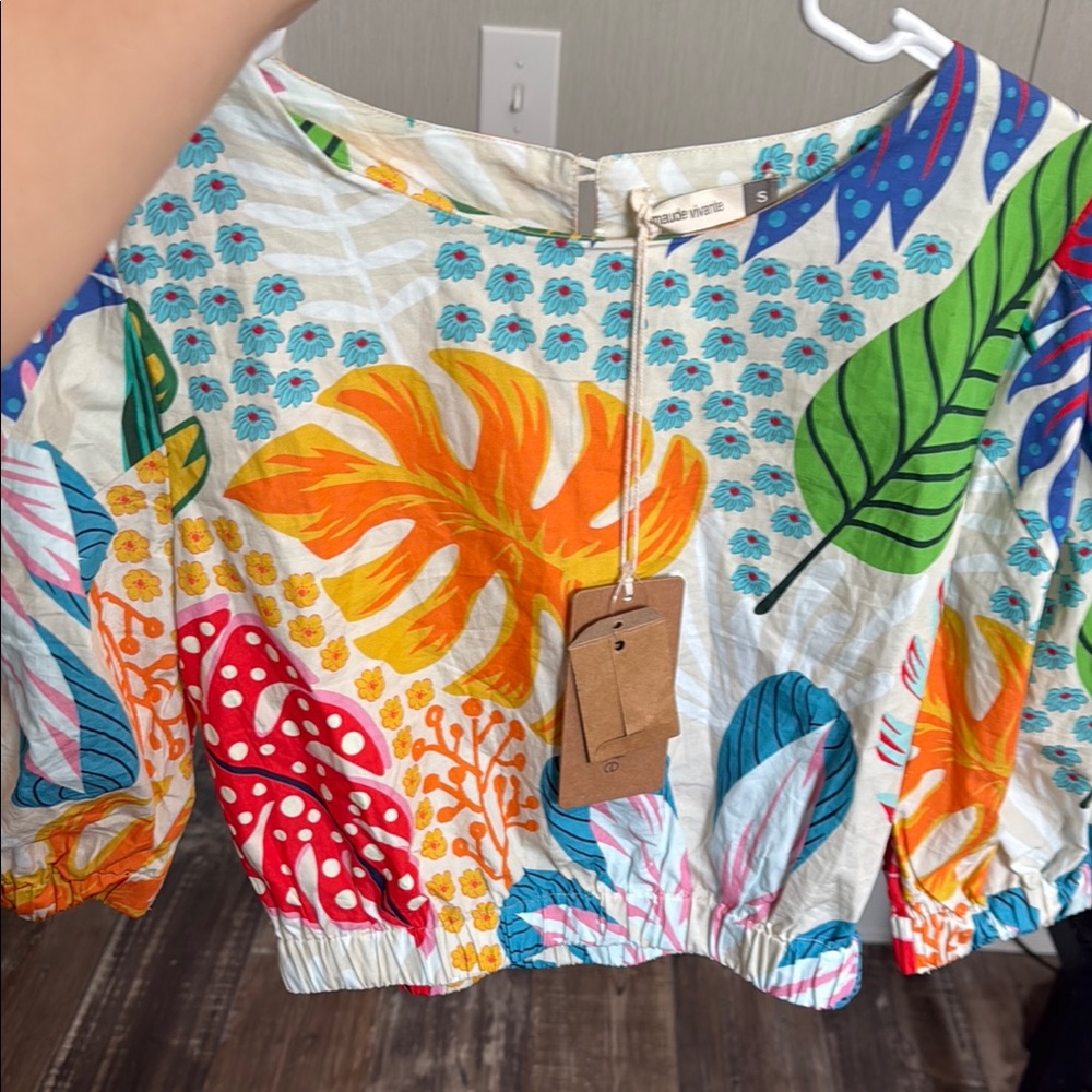 Blue Boxy Crop Top with Tropical Flair